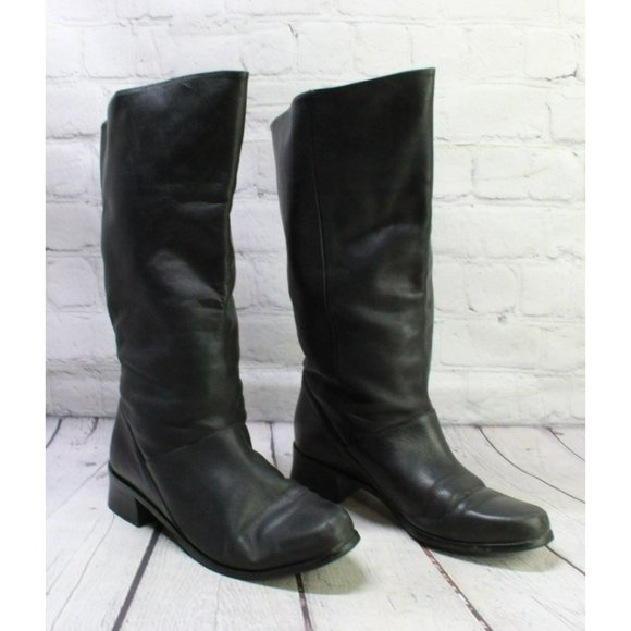 *Markon Black Leather Pull On Almond Toe Mid Calf Boots Size 9 Inches - Picture 3 of 9